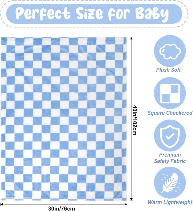GreatBba Plush Checkered Baby Blanket for Boys Girls Nursery, 30"*40" Warm Short Fleece Blanket Neutral for Infant Newborn, Small Fuzzy for Sleeping, Chenille Baby for Stroller (Blue&White) - Image 5